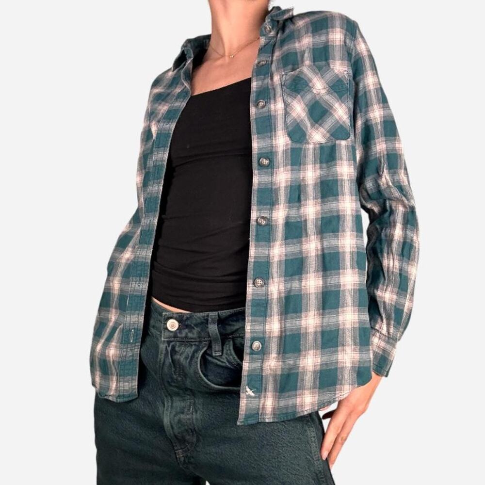 Eddie Bauer flannel button up shirt teal green white - size women's XS